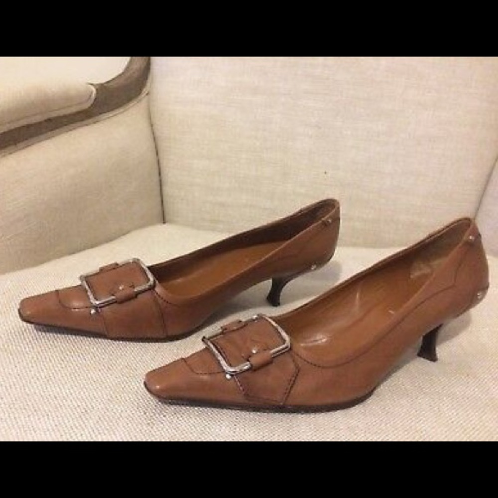 Prada Pumps Brown Leather Buckle Retro Kitten Heel - Picture 2 of 8